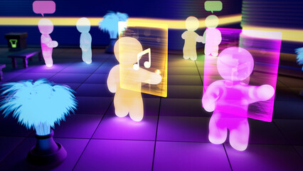 metaverse avatars of users downloading or buying music on-line - industrial 3D rendering