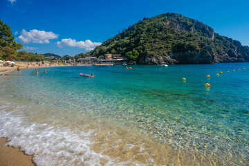 Corfu island, Greece: 07-10-20212: View of the beautiful Palaiokastritsa bay, iconic paradise beach,.Corfu island, Greece.