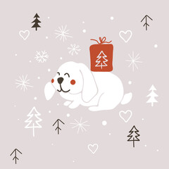 Christmas card with adorable Bunny character and snowflakes. Drawn vector illustration with cute hare and symbol of Chinese 2023 New year. Cute rabbit. Cute illustration of wild forest animal