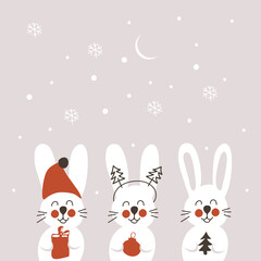 Christmas card with adorable Bunny character and snowflakes. Drawn vector illustration with cute hare and symbol of Chinese 2023 New year. Cute rabbit. Cute illustration of wild forest animal