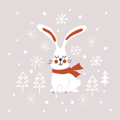 Christmas card with adorable Bunny character and snowflakes. Drawn vector illustration with cute hare and symbol of Chinese 2023 New year. Cute rabbit. Cute illustration of wild forest animal