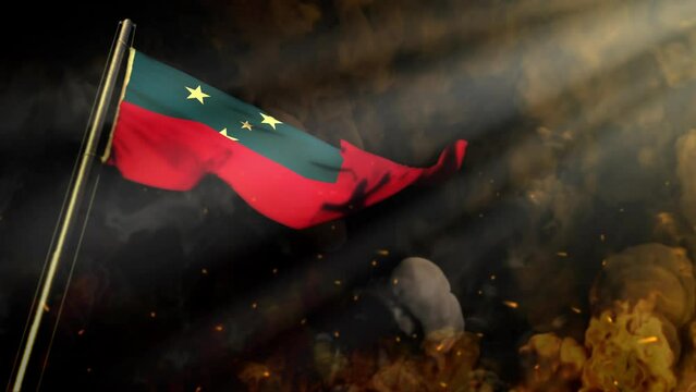 waving Samoa flag on smoke and fire with sun rays - problem concept