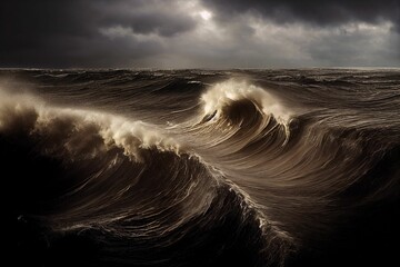 3D rendering of a stormy sea at night in dark colors