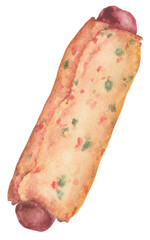 Transparent Background Fish cake bar "Hotba" (핫바) Illustration Png. Transparent watercolor Clipart deep fried fish paste with sausage Hot bar. Traditional street food in Korea