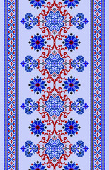 Ethnic geometric vertical seamless pattern. Oriental cross stitch embroidery. Blue and red version. Abstract design for carpet, texture, fabric, clothing, wrapping, wallpaper, pillow, curtain, print.