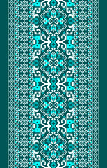 Ethnic geometric vertical seamless pattern. Oriental cross stitch embroidery. Dark green and white version. Abstract design for carpet, texture, fabric, clothing, wrapping, wallpaper, pillow, curtain.