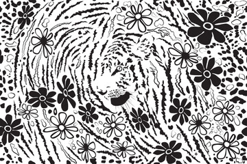 Background formed by tiger and flowers - 543727560