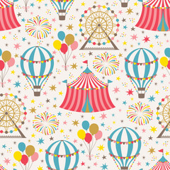 Circus theme pattern. Seamless pattern with vintage carnival elements. Vector illustration.