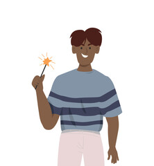 Happy young man holding burning sparklers on white background. Boy celebrate New Year. Happy woman on Christmas corporate party. Vector illustration in flat cartoon style