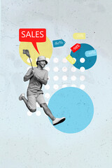 Photo artwork minimal picture of happy smiling guy having fun catching sale percent isolated...