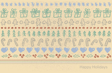 Beige printable winter holiday card template with hand drawn pattern. Vector set of christmas and new year icons on grunge background