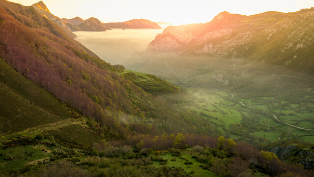 Foggy valley with morning light in Somiedo Natural Park in Asturias, Spain
