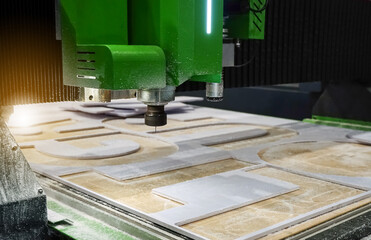  cuting off plastic material. CNC cutter machine High Efficiency in action, Machine working CNC.   
