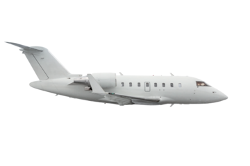 White modern executive business jet flies isolated on transparent background