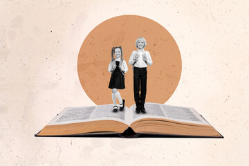 Creative 3d photo artwork graphics painting of happy smiling little children walking big open book...