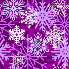 seamless asymmetric pattern of multi-colored snowflakes on a purple background, texture, design