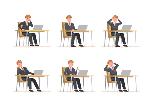 Business person working on computer set. Man in suit talking on phone, working and relaxing while sitting on chair behind office desk vector illustration