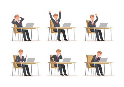 Business person working on computer and showing different emotions set. Man in suit sitting on chair behind office desk vector illustration