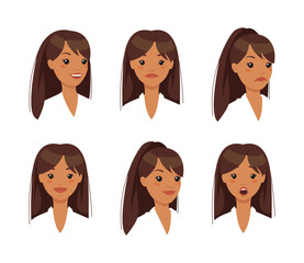 Set of various female emotional faces. Young woman with different facial expressions, smiling, surprised, scared, upset. Girl character creation vector illustration