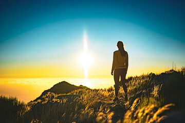 Woman enjoying beautiful mountain landscape of Pico do Ariero during sunrise. Pico do Arieiro,...