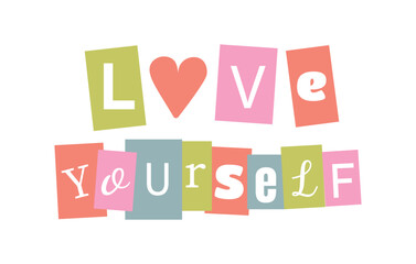 Self Love. Cute pastel typography, paper cut different letters. Magazine cutouts vector lettering. Trendy y2k print design.