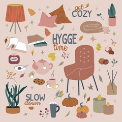 Hygge time collection vector illustration. Neutral scandinavian palette. Home decor and leasure time elements with text. All objects are isolated