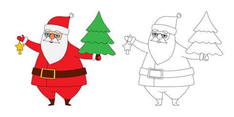 santa Claus holds a Christmas tree coloring by example