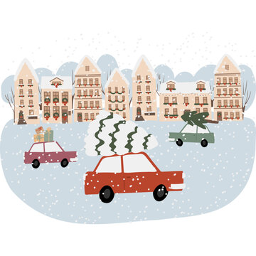Christmas city illustration, Winter scene clipart, Decorated houses vector in flat style, Printable christmas cards, christmas car with fir tree