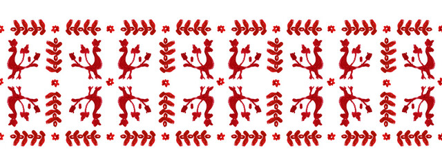 Silhouettes of red embroidery. Naive or childish art style. Pattern traditional folk Vyshyvanka. Perfect for wallpaper, wrapping paper, web background, greeting cards.