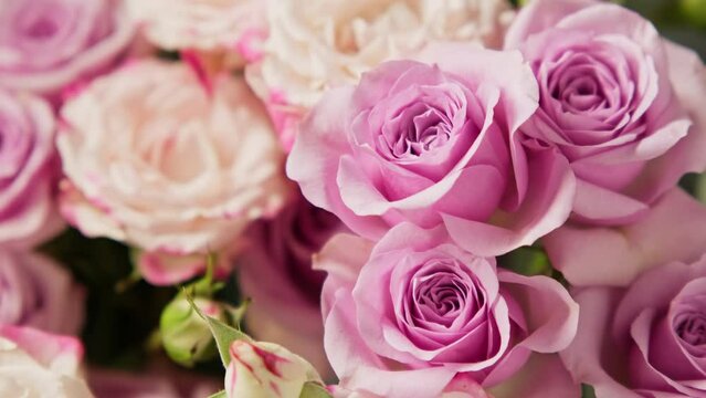 Magnificent bouquet of roses with copy space. Bouquet of beautiful natural flowers. Close-up in 4K, UHD