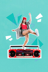Collage artwork graphics picture of happy smiling lady having fun listing boom box isolated painting background