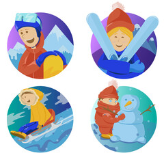 a set of winter entertainment consisting of snowboarding, skiing, sledding and modeling a snowman