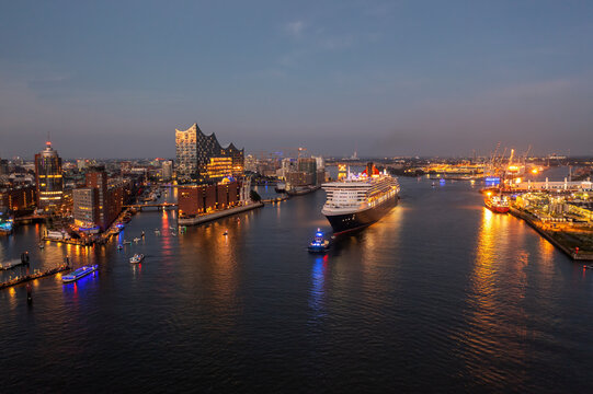 Panorama of the harbor from hamburg with a cruise ship