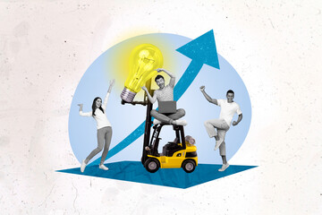 Composite collage illustration of excited successful mini people black white colors forklift big light bulb isolated on painted background © deagreez