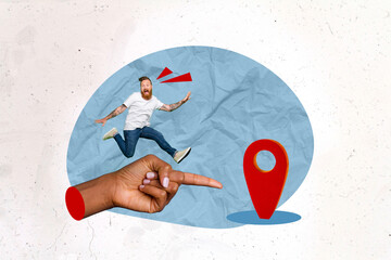 Image banner collage of funky guy fast running achieve red arrow pin mark location on drawing background