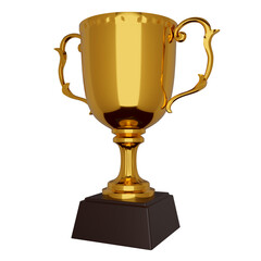 優勝の証として与えられる、金のトロフィーまたは優勝カップのフォトリアルな透過3DCGレンダリング画像