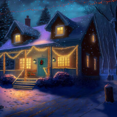 House decorated for Christmas illustration