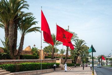 Row of Moroccan flags fluttering in Rabat