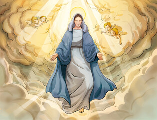 Illustration Virgin Mary ascension to heaven. - obrazy, fototapety, plakaty