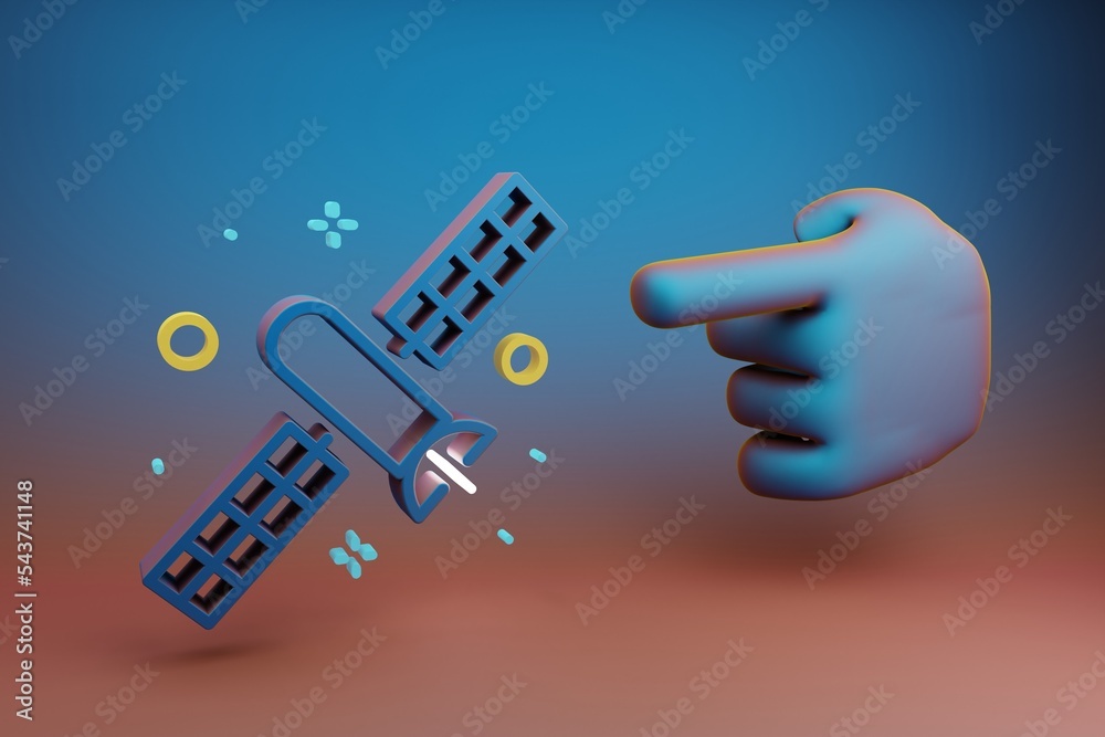 Poster Beautiful illustrations abstract Hand index finger points to Satellite and stars symbol icon on a multicolor bright background. 3d rendering illustration. Background pattern for design. Space explorat