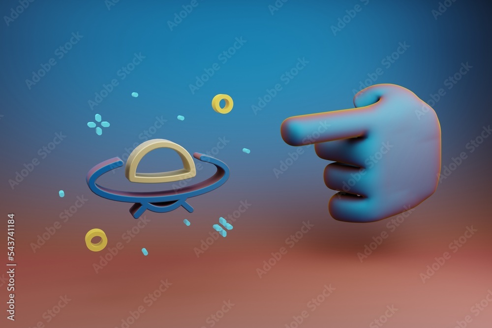 Poster Beautiful illustrations abstract Hand index finger points to Ufo and start symbol icon on a multicolor bright background. 3d rendering illustration. Background pattern for design. Space exploration.