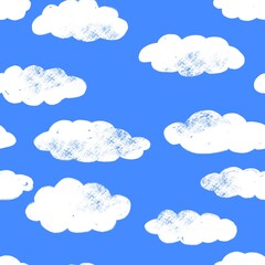 Hand drawn seamless pattern with cloudy sky. Clouds with shabby effect on blue background
