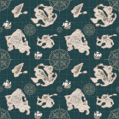 Decorative seamless pattern map with hand-drawn islands, sailing ships and wind roses on old paper backdrop. Vector background in vintage style. Suitable for wallpaper, wrapping paper, fabric
