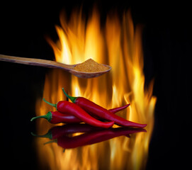 Hot red chili pepper, ground in a wooden spoon. The fire is in the background. Photo.
