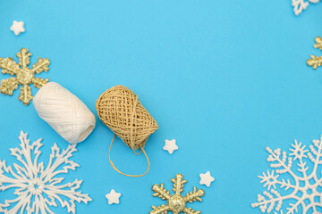 Concept of wrapping gifts for Christmas and New Year in white, blue and gold colors