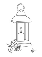 Antique lamp with a lit candle and holly berries with a black outline for coloring. Christmas illustration for a postcard with a white background. 