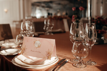 Wedding hall with decoration. Banquet hall for weddings, banquet hall decoration, atmospheric decor