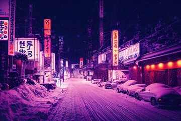 Snowy tokyo streets at night with purple neon lights at winter christmas, oldschool style, abstract
