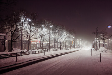 Snowy dark street at night with white lantern lights