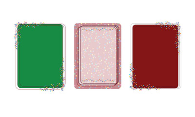 set of three Christmas frames with garlands of lights on a white background, burgundy, green, pink template Christmas greetings frame in cartoon style
